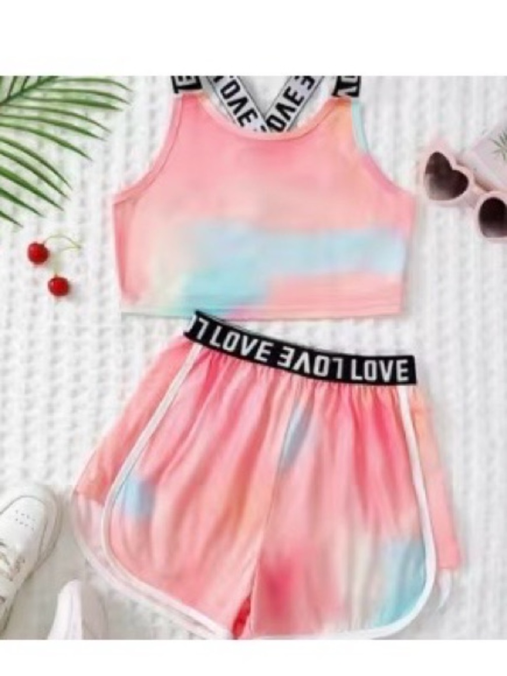 Girls Tie Dye Athletic Set Crop Top & Shorts “LOVE” Waistband Size 130 (7/8)